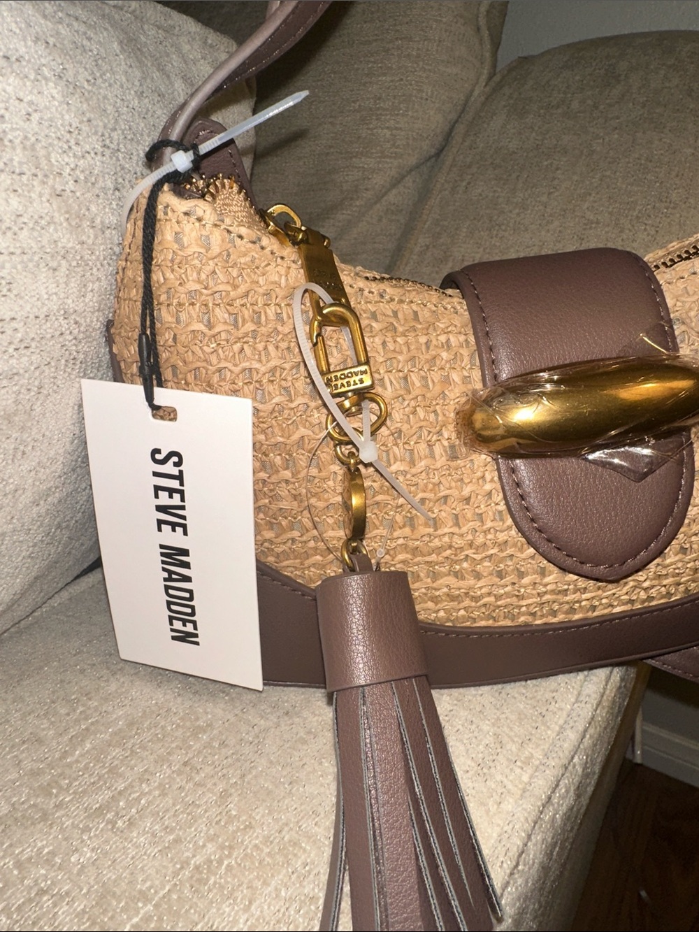 Steve Madden Brown and Tan Woven Shoulder Bag with Gold Accent